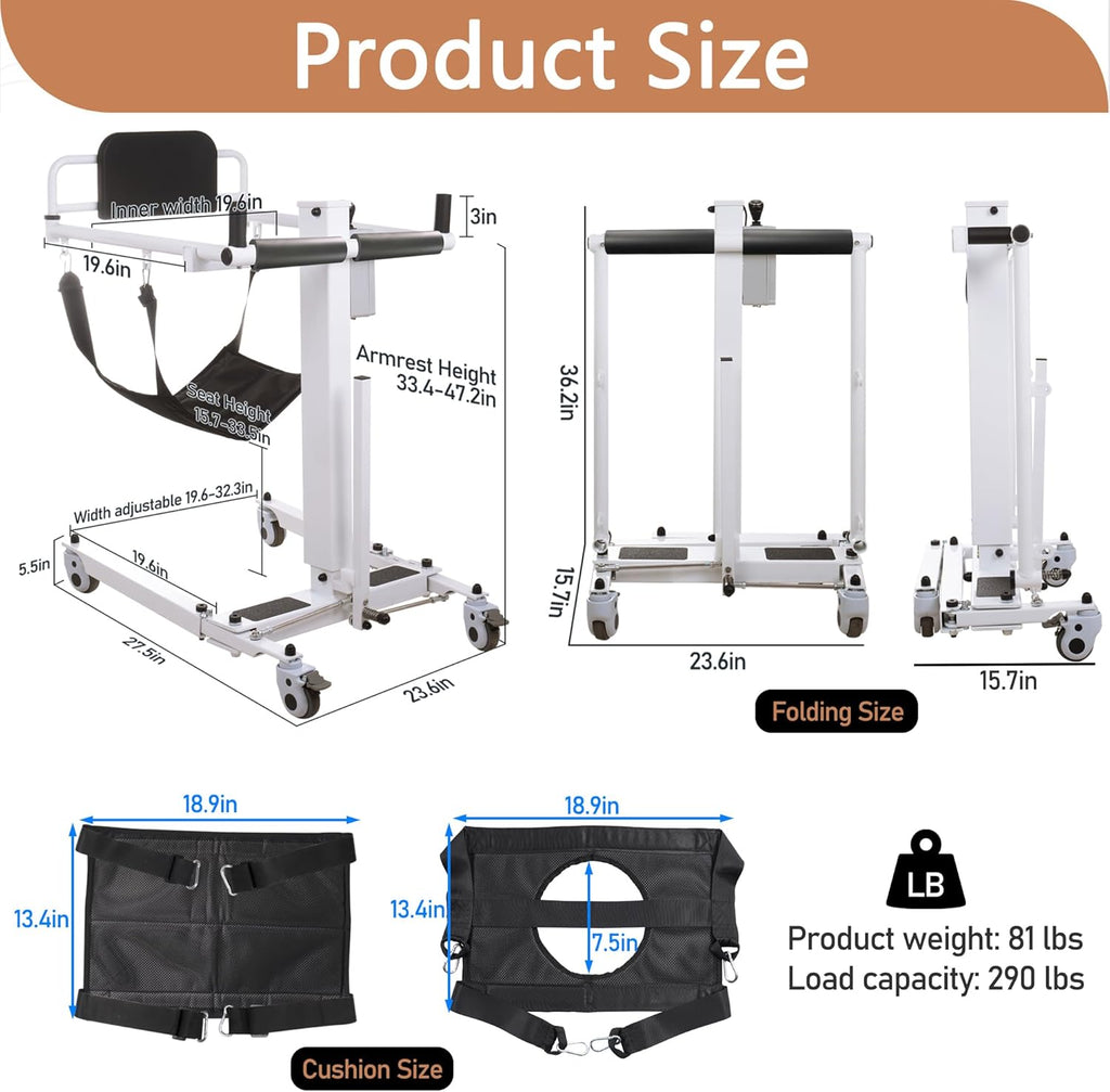 Electric Patient Lift Transfer Chair, Foldable Portable, Bed to Wheelchair, White H74233