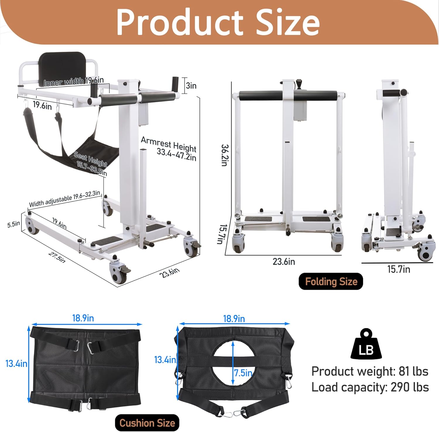 Electric Patient Lift Transfer Chair, Foldable Portable, Bed to Wheelchair, White H74233