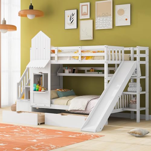 Twin Over Twin Bunk Bed with Stairs and Slide, Solid Wood Frame with Storage B8483