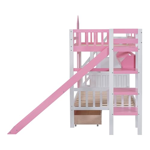 Twin Over Twin Bunk Bed with Stairs and Slide, Solid Wood Frame with Storage B8483