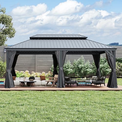 10 x 10 ft Hardtop Gazebo with Netting and Curtains, Galvanized Steel Roof for Patio K80436