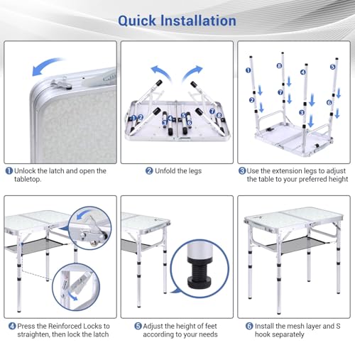 Adjustable Height Small Folding Camping Table with Mesh Layer B206