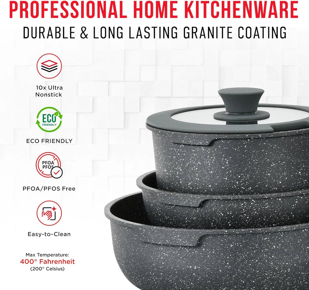 Detachable 15-Piece Cookware Set, Granite Non-Stick, Stackable, Oven-Safe D2473