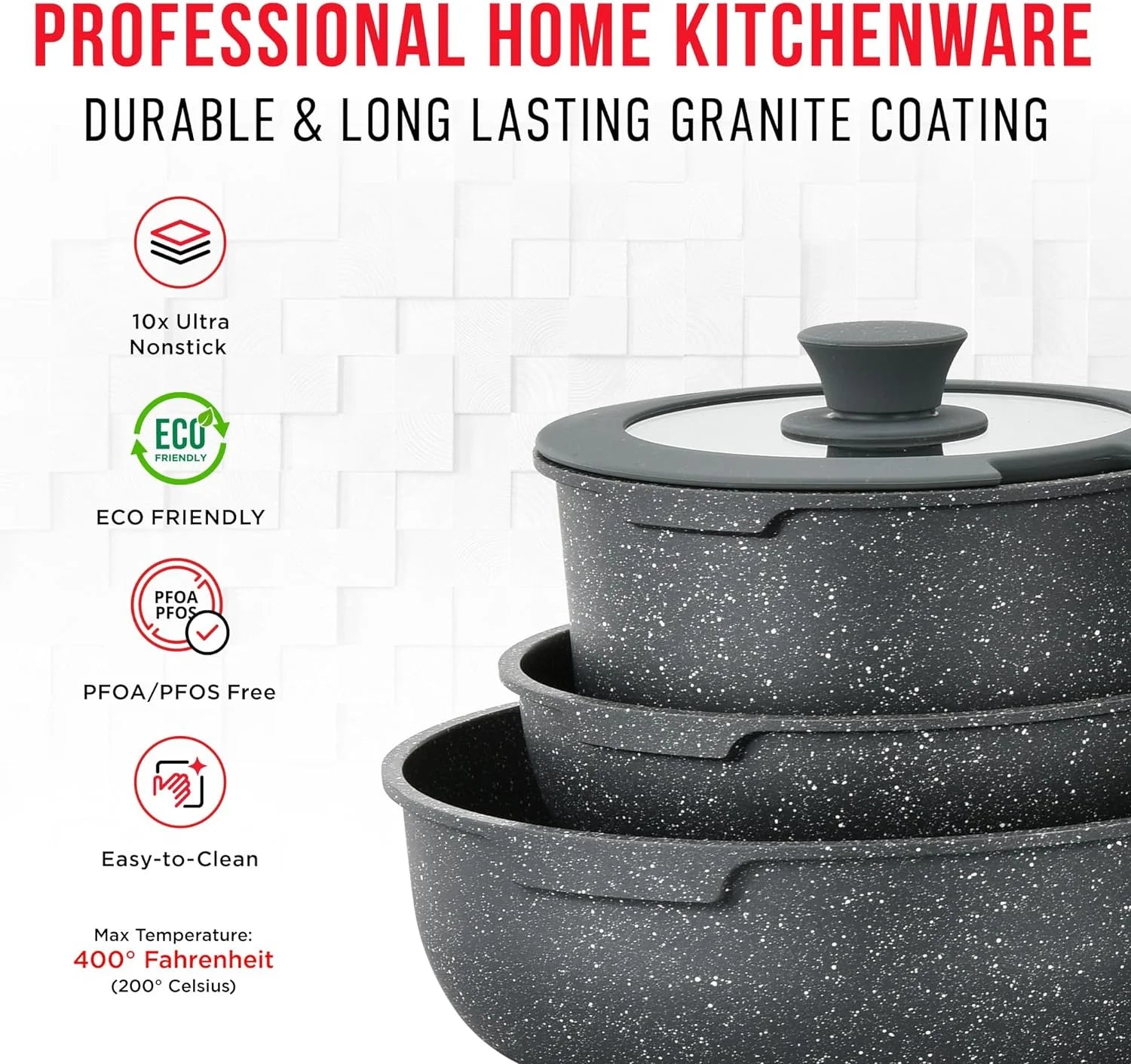 Detachable 15-Piece Cookware Set, Granite Non-Stick, Stackable, Oven-Safe D2473