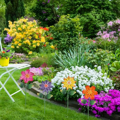 Metal Flower Garden Stakes, 4 Pcs 19" Outdoor Yard Decor with Shaking Heads N631