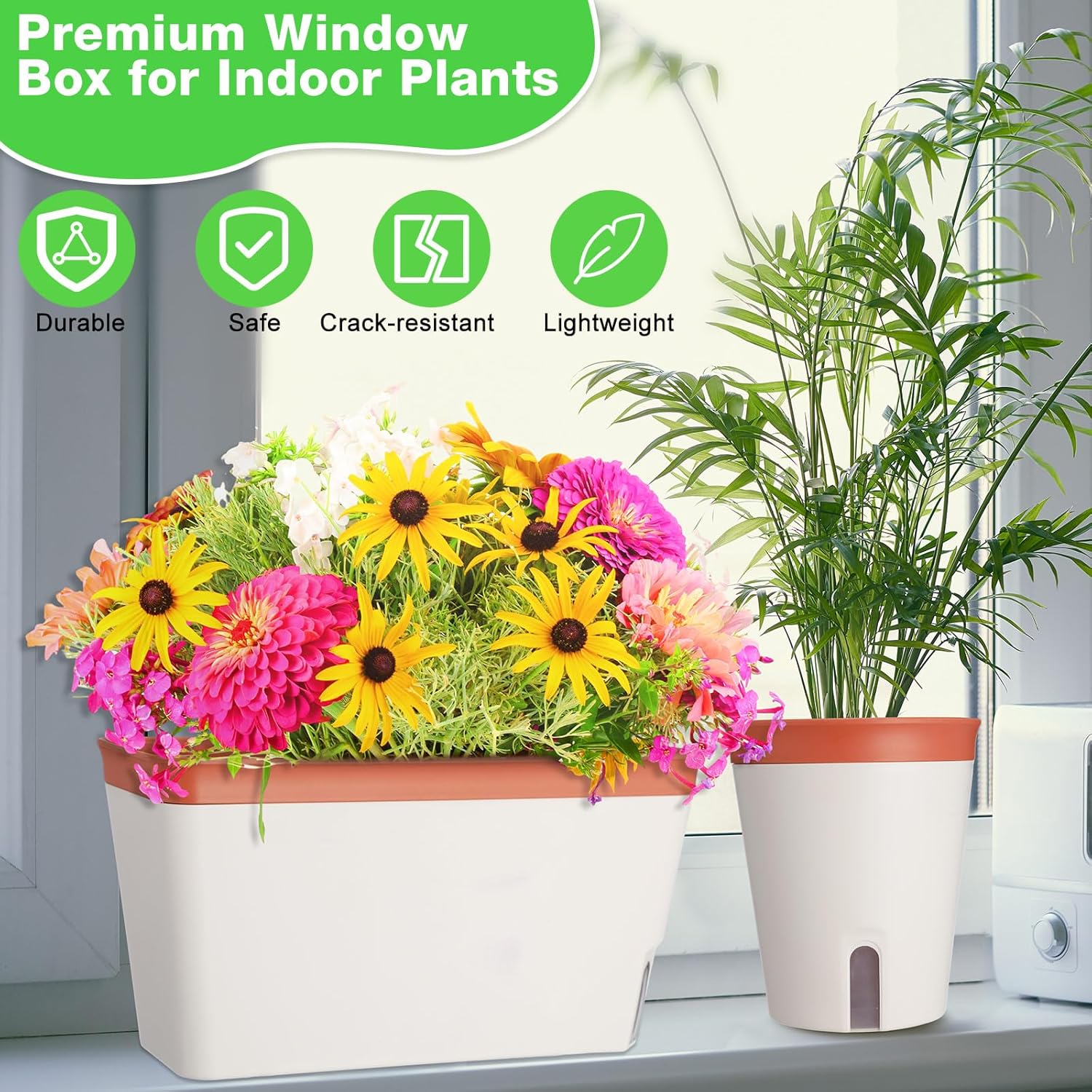 Self Watering Window Planter Box Set for Indoor Plants O11646