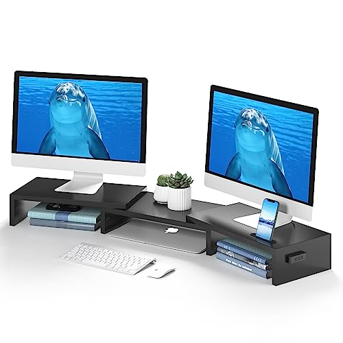Dual Monitor Stand Riser with Smartphone Holder, Adjustable Wooden Desk Organizer B984