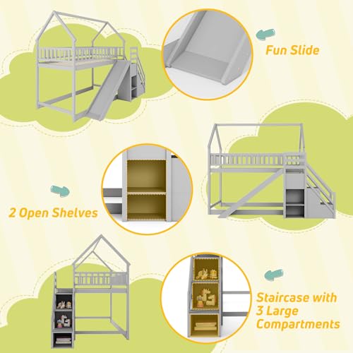 Twin Over Twin Bunk Bed with Slide & Stairs, Wood, White M692