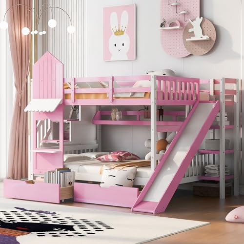Twin Over Twin Bunk Bed with Stairs and Slide, Solid Wood Frame with Storage B8483