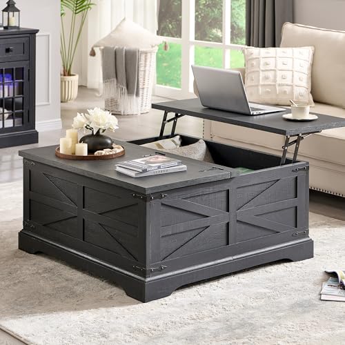 Farmhouse Lift Top Coffee Table with Storage, 36" Wood Square Center Table, Light Brown V399