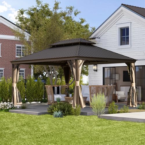 10 x 10 ft Hardtop Gazebo with Netting and Curtains, Galvanized Steel Roof for Patio K80436