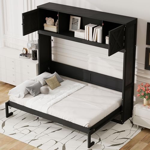 Queen Size Murphy Bed with Cabinet and LED Lights M1232