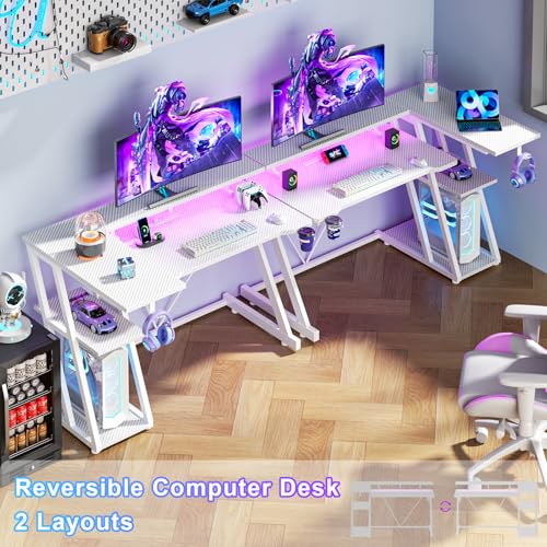 L Shaped Gaming Desk with Power Outlet and LED Lights Y52619