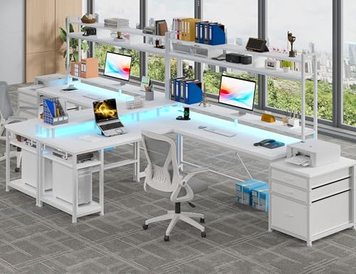 Large L Shaped Gaming Desk with Hutch and Drawers, 64" Reversible Computer Desk with Storage Shelves, Monitor Stand and LED Light for Home Office, Power Outlets, White V6783