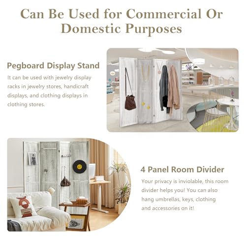 Wooden Pegboard Room Divider with Folding Privacy Screen, 5.6Ft, Light Brown D937870