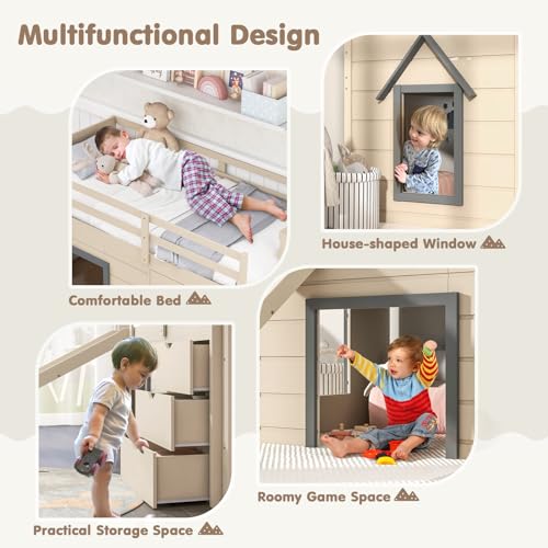 Twin Low Loft Bed with 3 Storage Drawers, Slide, Ladder & Guardrails I297242