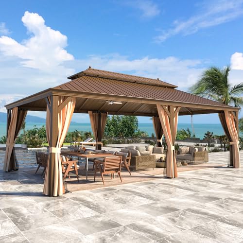 12x16 ft Hardtop Gazebo with Double Roof, Curtains and Netting T94173