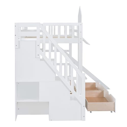 Twin Over Twin Bunk Bed with Stairs and Slide, Solid Wood Frame with Storage B8483