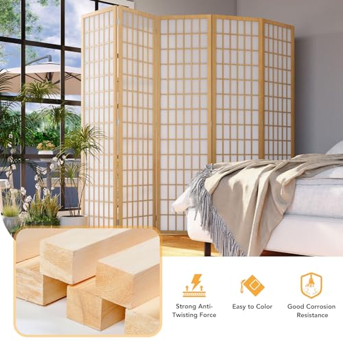 6 Panel Folding Room Divider, Japanese Shoji Screen, 5.9 Ft, Natural T81976