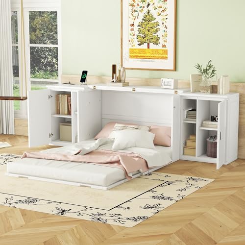Murphy Bed Chest with Shelves and USB Ports, Foldable Wood Frame Y56482