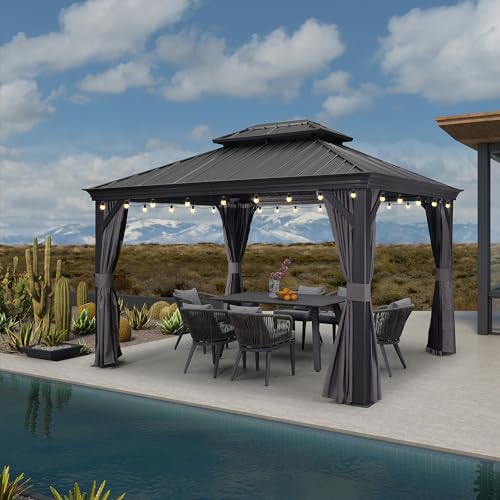 10' x 14' Permanent Hardtop Gazebo with Galvanized Steel Double Roof, Curtains and Netting Included M871