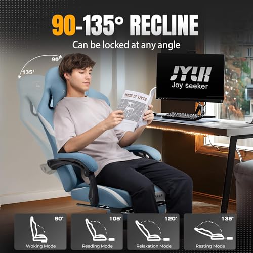Gaming Chair Ergonomic Office Chair with Foot Rest, Breathable Fabric Computer Chair with Headrest and Lumbar Support O7023