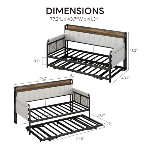 Daybed with Trundle Bed, Twin Bed Frame with Storage Headboard and Charging Station, Grey S3738