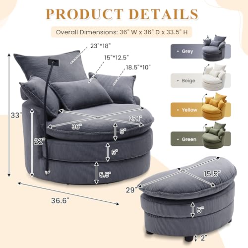 Swivel Barrel Accent Sofa Chair with Phone Holder & Storage Ottoman, 360 Degree Corduroy, Beige A36232