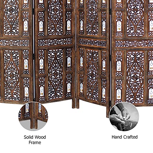 4 Panel Folding Wood Room Divider, Antique Brown, 72 x 80 P209
