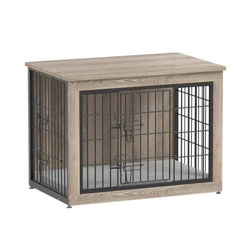 Dog Crate Furniture with Cushion, Heavy-Duty Metal Mesh, Wooden End Table with Double Doors, Indoor Kennel for Small Breed, Grey M3321