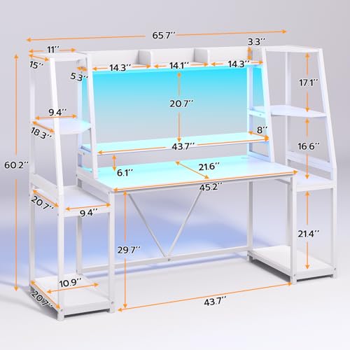 Gaming Desk with LED Lights, Hutch and Storage Shelves, Black O742