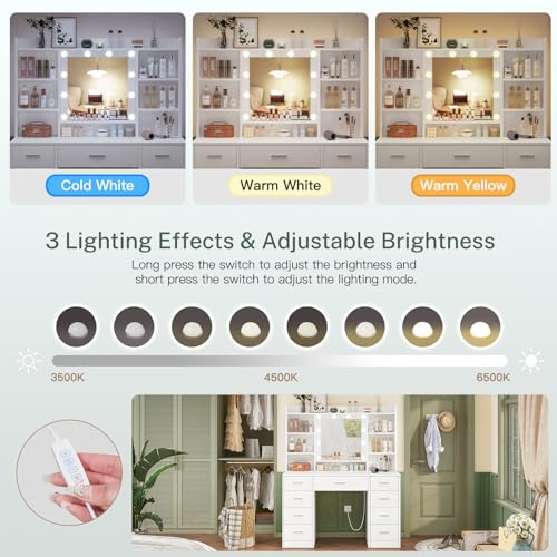 Vanity Desk with Mirror and Lights, 9 Drawers, 6 Open Shelves, Adjustable Brightness, White J50562