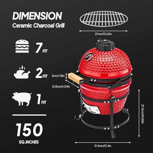 Red Spherical Ceramic Charcoal Grill with Inner Liner, Portable BBQ Smoker K936958