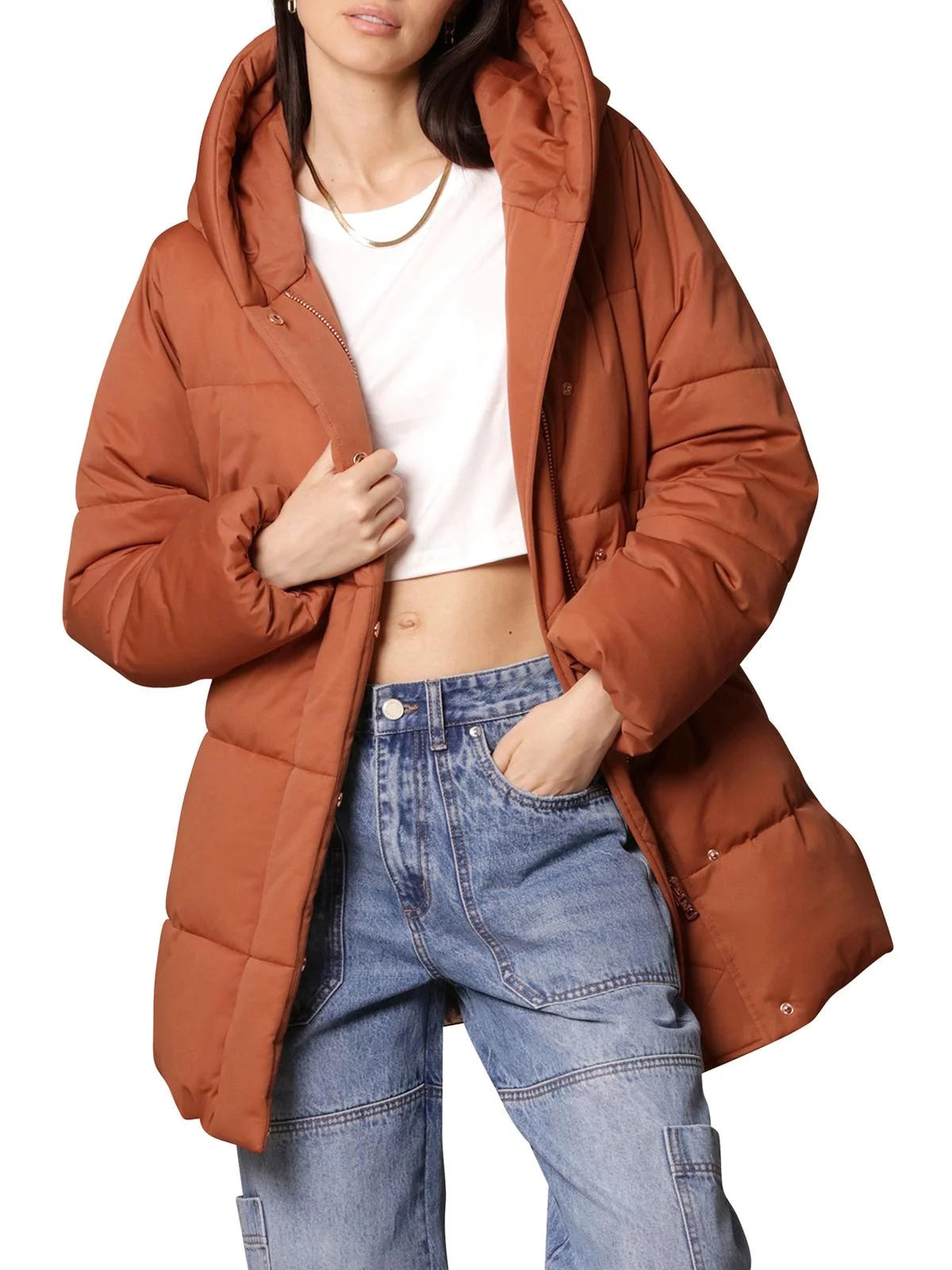 Women's Hooded Wrap Puffer Coat with Belt P3797