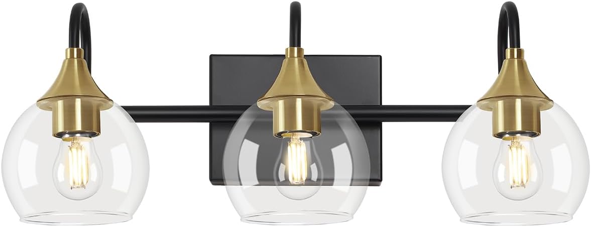 Black Gold Bathroom Vanity Light, 3-Light Globe Wall Sconce Q907095