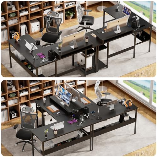 Reversible L Shaped Desk with Power Outlets and LED Light, Corner Computer Desk with Monitor Stand and Storage Shelves, Black A318171
