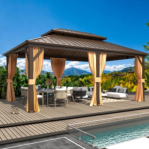 10x13 Hardtop Gazebo with Polycarbonate Double Roof, Aluminum Frame, Curtains and Netting S2701