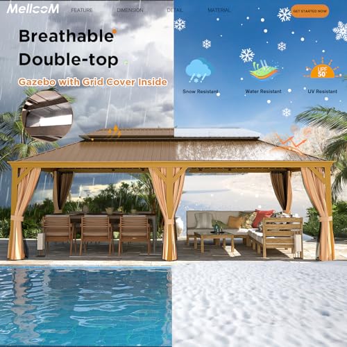 12x16 ft Hardtop Gazebo with Double Roof, Curtains and Netting T94173