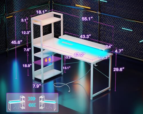 Reversible Gaming Desk with USB Charging Port and LED Lights, 40 Inch Computer Desk with Storage Shelves M571
