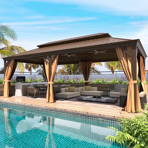 12x16 ft Hardtop Gazebo with Double Roof, Curtains and Netting T94173