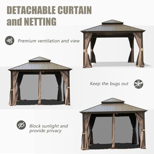 10 x 10 ft Hardtop Gazebo with Netting and Curtains, Galvanized Steel Roof for Patio K80436