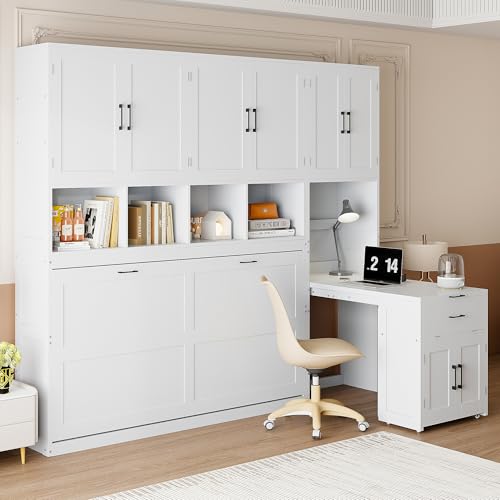 Twin Murphy Bed with Closet, Drawers & Desk, White Q211