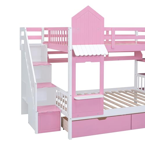 Kids Bunk Bed with Stairs and Slide, Twin Over Twin, Gray O540