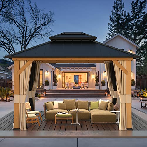 12x20 ft Hardtop Gazebo Double Roof Galvanized Steel Canopy Outdoor Aluminum Frame with Netting and Curtains X191579