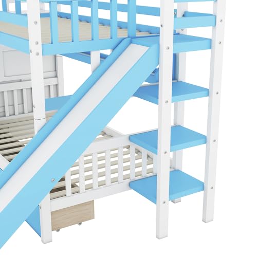 Kids Bunk Bed with Stairs and Slide, Twin Over Twin, Gray O540
