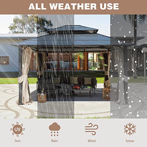 12x20 ft Hardtop Gazebo Double Roof Galvanized Steel Canopy Outdoor Aluminum Frame with Netting and Curtains X191579