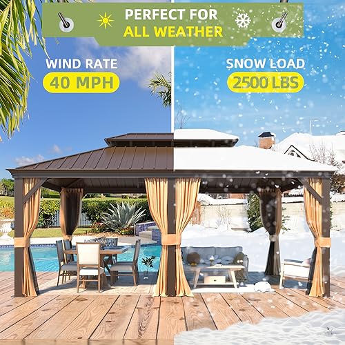 12x16 ft Hardtop Gazebo with Double Roof, Curtains and Netting T94173