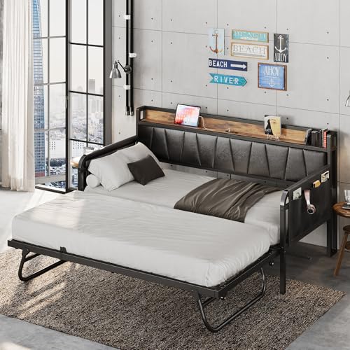 Daybed with Trundle Bed, Twin Bed Frame with Storage Headboard and Charging Station, Grey S3738