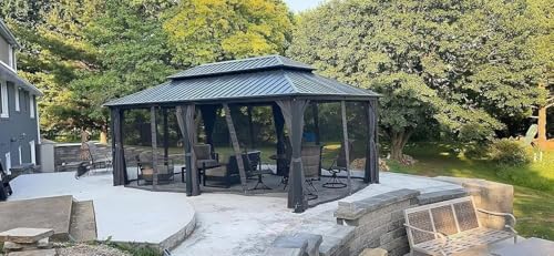 10 x 10 ft Hardtop Gazebo with Netting and Curtains, Galvanized Steel Roof for Patio K80436