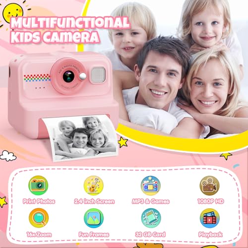 Kids Instant Print Camera 1080P HD with 3 Rolls Paper & 32GB Card U8422
